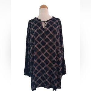 Ellos Black Diamond Plaid Long Balloon Sleeve Top Keyhole Tie Women's SZ 30/ 3X